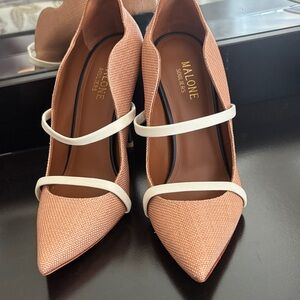 NEW Malone Souliers Tan Basketweave Pointed-Toe Mary Jane Pumps w/ white straps